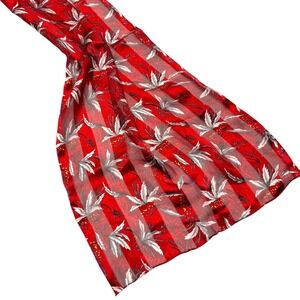 Silk Scarf Red Striped White Leaves Floral Rolled Hem Oblong 13 1/2 x 62"